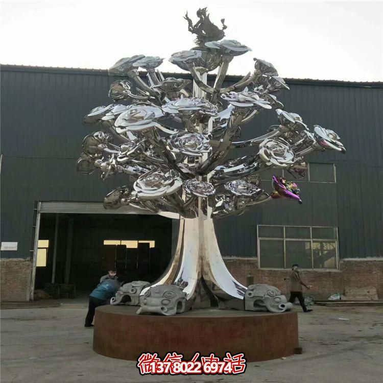 園林廣場(chǎng)酒店門(mén)口大型不銹鋼鏡面花朵樹(shù)擺件